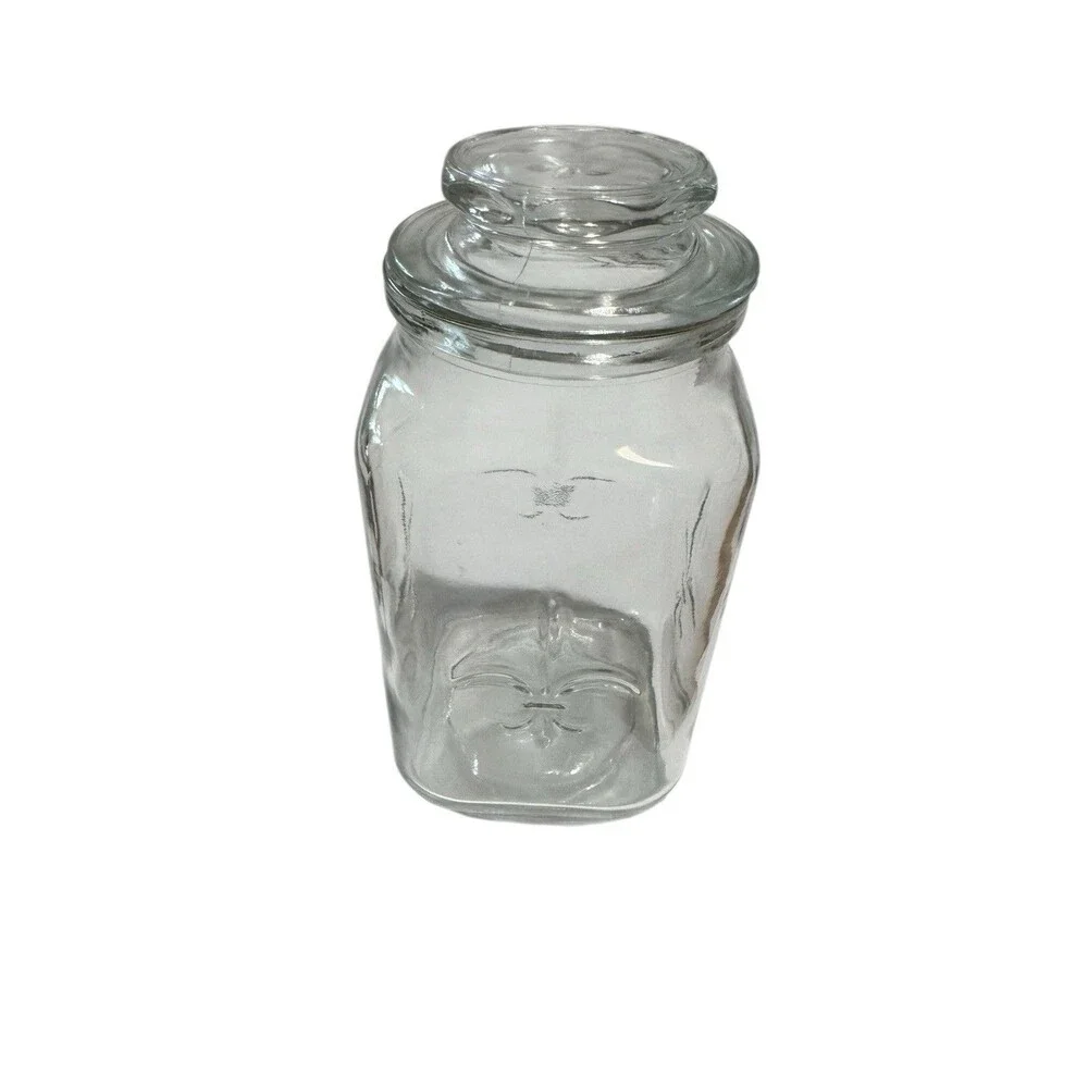 Vintage Fleur De Lis Clear Glass Apothecary Jar Canister Farmhouse Anchor Hock